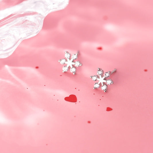 Sterling Silver Stud Earrings Snowflake Diamond Christmas